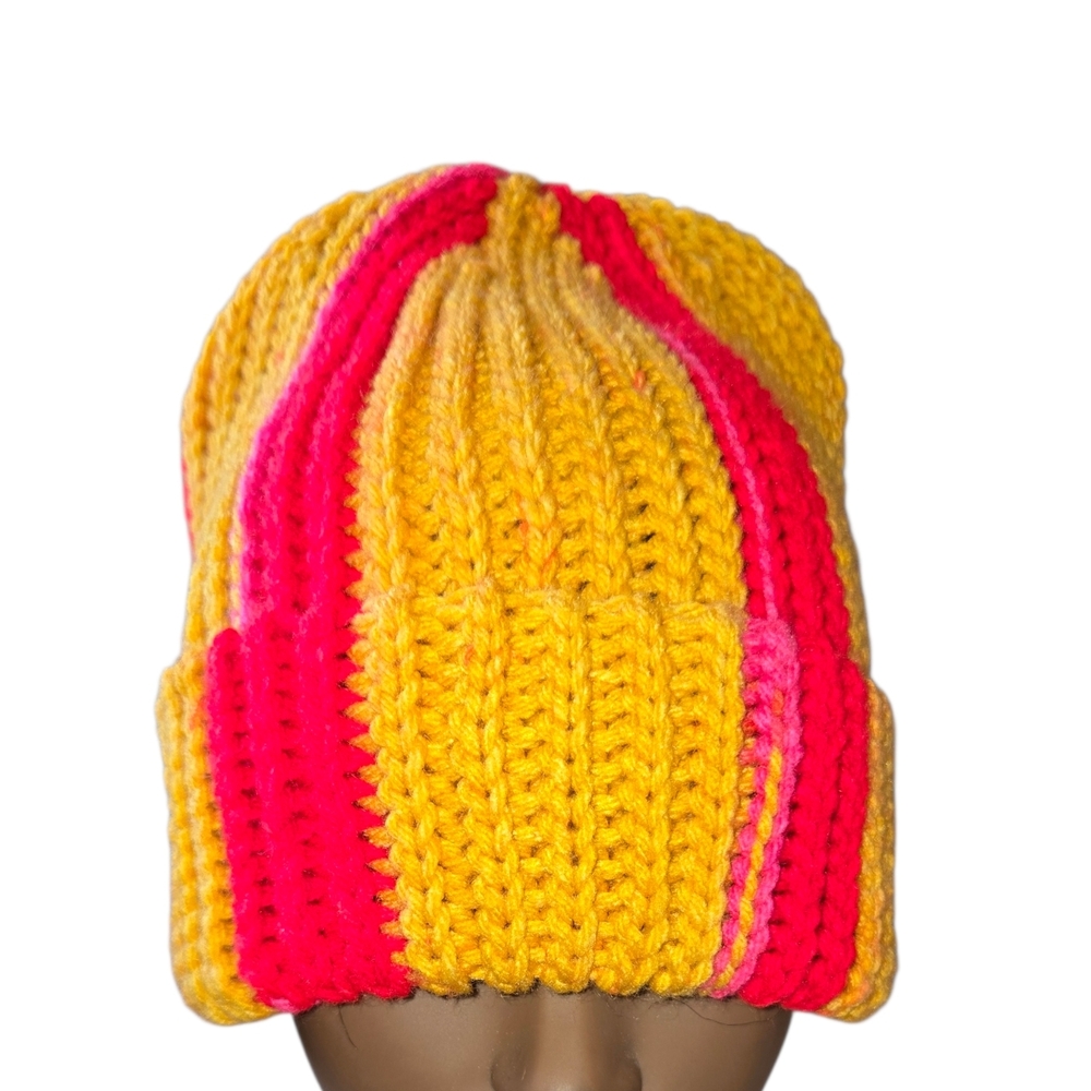 Sunflower Stripe Knit-look 90s beanie, Handmade By Me, Hand Embroidery, Ask Abou